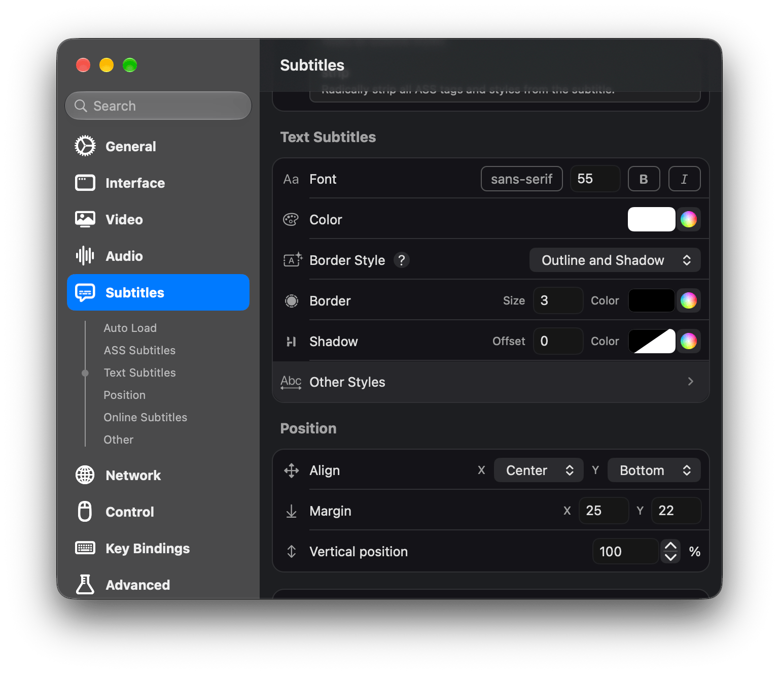 Settings window subtitles tab in IINA 1.5.0