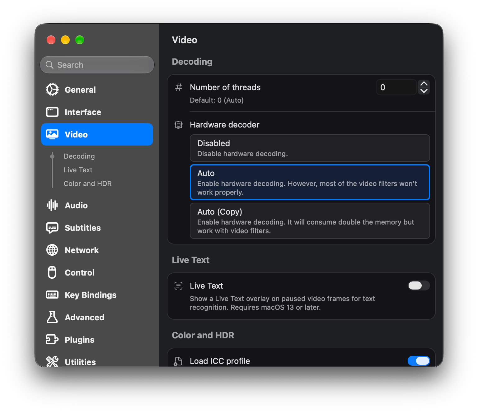 Settings window in IINA 1.5.0